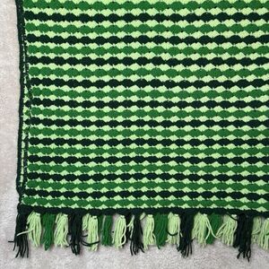 Afghan Crochet Blanket Handmade 56" x 63" Greens Fringe Retro Cottagecore